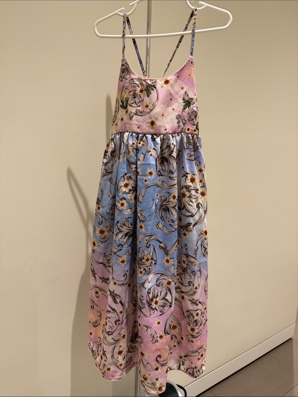 Agua Bendita Pink and Blue Floral Spaghetti-Strap Dress